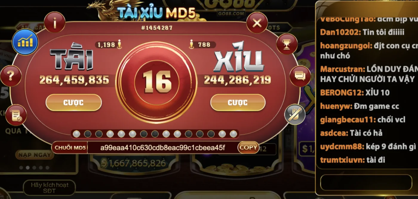 Tài xỉu MD5 là tựa game thu hút được lượng lớn người tham gia tại Go88